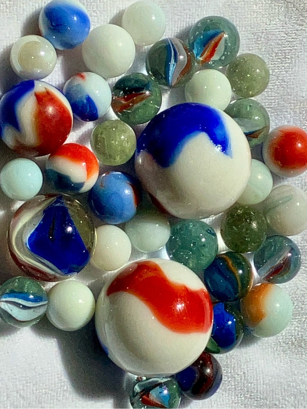 Vintage 34 pc collection glass red white blue marbles